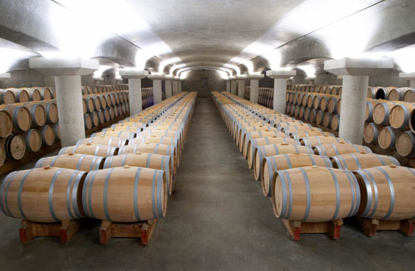 An underground wine barrel aging cellar