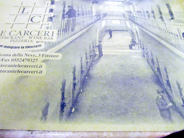 Le Carceri restaurant in Florence, how it used to look is on the table mat