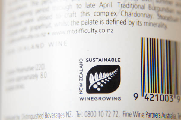 Wine label with "sustainable wine growing New Zealand" text