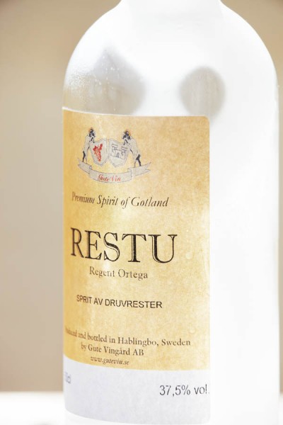 An ice cold bottle of Restu grappa from Gute Vingard, Gotland, Sweden