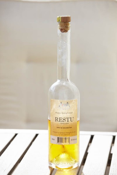 An ice cold bottle of Restu Exklusiv grappa from Gute Vingard, Gotland, Sweden