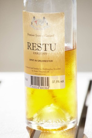 An ice cold bottle of Restu Exklusiv grappa from Gute Vingard, Gotland, Sweden