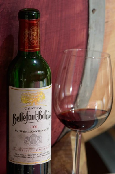 Oak barrel in the aging and fermentation cellar. Chateau Bellefont Belcier, Saint Emilion, Bordeaux, France