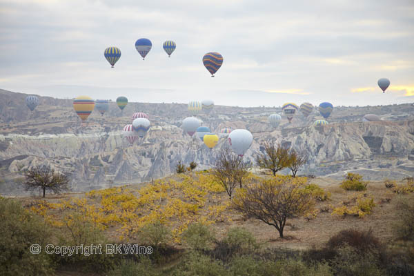 Balloons over the landscape in Cappadocia, Pigeon Valley, Turkey