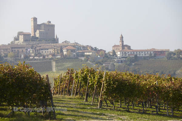 Barolo vineyards and a hilltop village