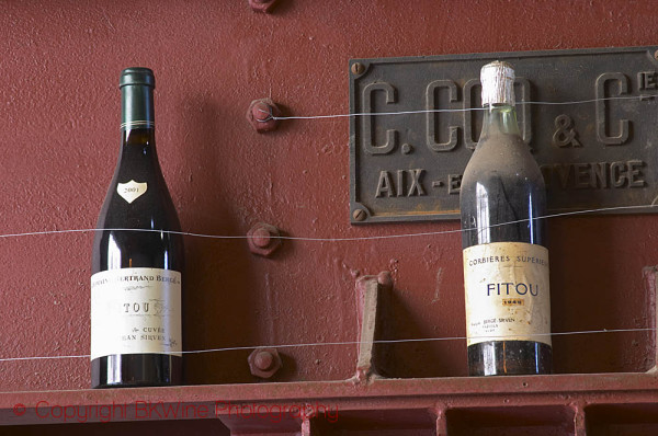 Old bottles of Fitou at Domaine Bertrand-Berge in Paziols, Fitou, Languedoc