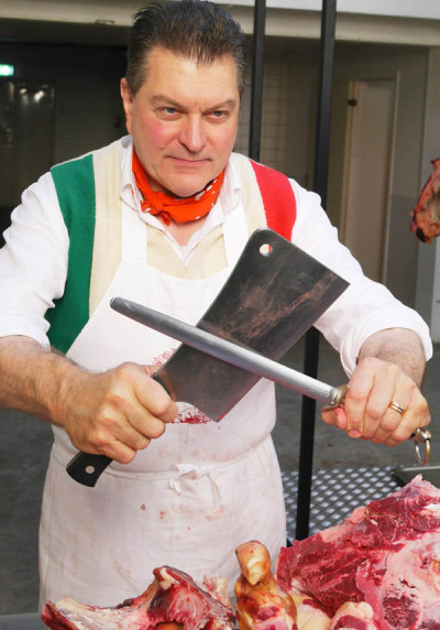 Dario Cecchini sharpening the meat cleaver