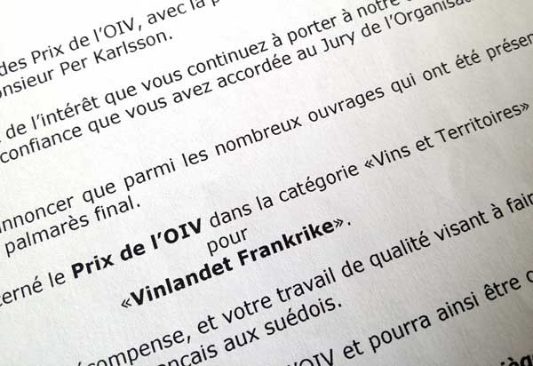 OIV Award to Vinlandet Frankrike