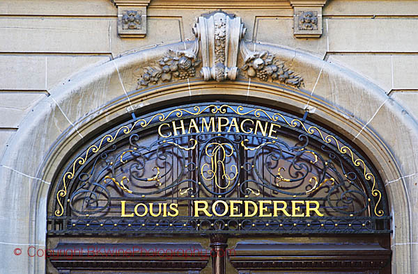 The portico on the entrance door to Champagne Louis Roederer