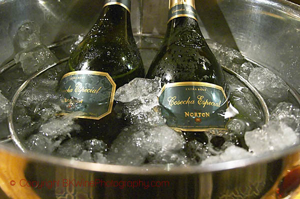 An ice bucket with ice and water and two bottles of sparkling wine