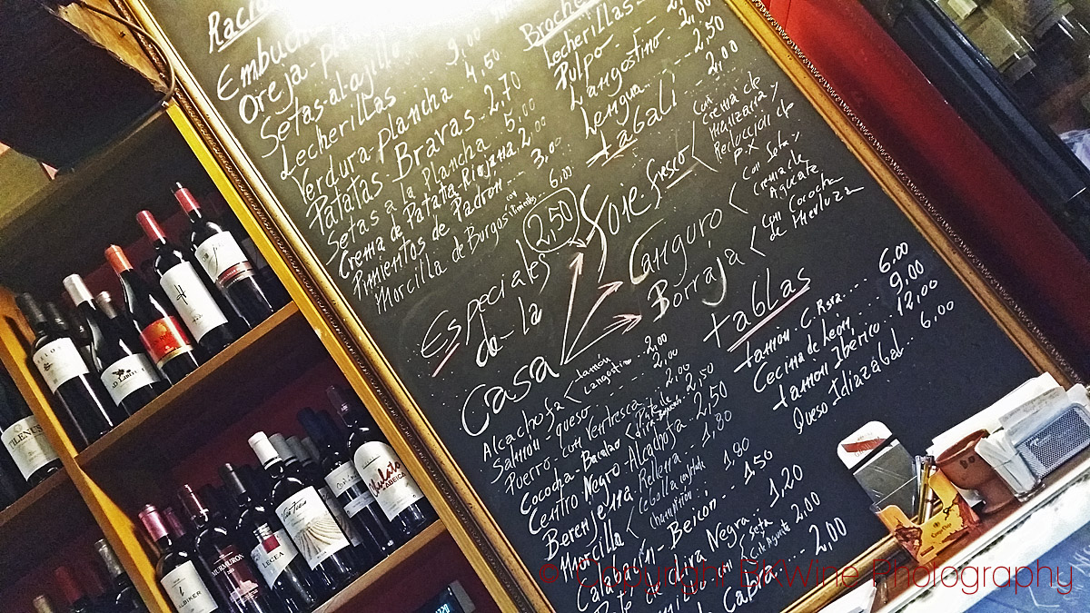 Tapas and wine menu in a bar on Calle Laurel, Logrono, Rioja