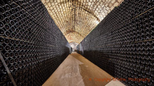 Bottles “sur lattes” in a cellar in Champagne