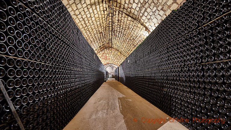 Bottles "sur lattes" in a cellar in Champagne
