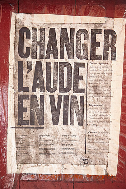 A poster on a fermentation tank in Minervois in Languedoc