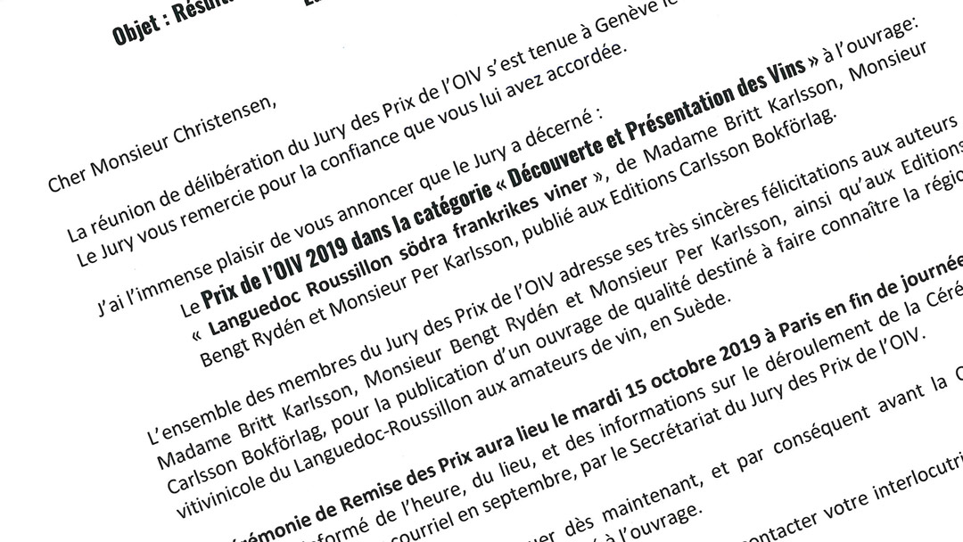 Letter announcing the OIV awards to our book "Languedoc-Roussillon, the Wines of Southern France"