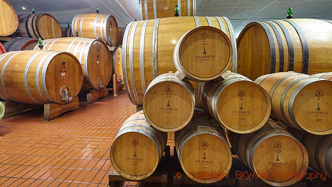 Barriques and botti in the cellar of Col d'Orcia, Montalcino, Tuscany