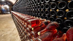 Bottles ageing in a cellar in Champagne