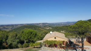 The view over the winery and the valley at Domaine de Mourchon, Rhone