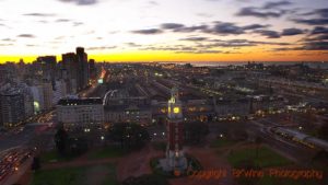 Night view over Buenos Aires, Argentina, with the Retiro train station, Torre Monumental and Rio de la Plata