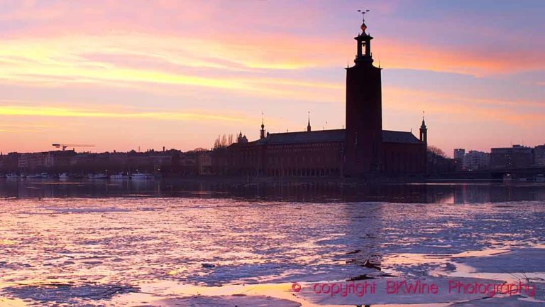 Ice on the Lake Malaren in Stockholm and the Stadshuset, city hall, in winter