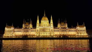 The Hungarian Parliament building in Budapest on the Danube River, Országház, at night