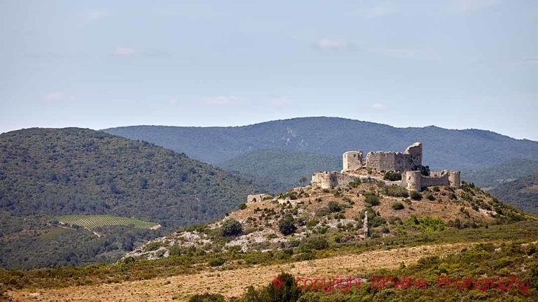 Chateau Aguilar, one of the Medieval Cathar castles in the wine region of Fitou in Languedoc