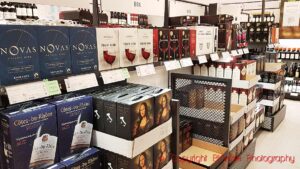 Wine in "box" (bag-in-box, BiB), "alternative" packaging, in a Systembolaget shop in Sweden