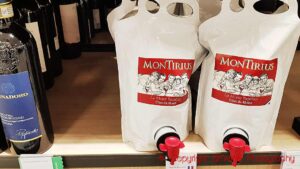 Wine in pouch (bag-in-box without a box), "alternative" packaging, in a Systembolaget shop in Sweden