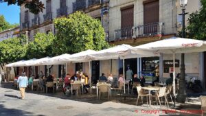 A cafe in a town square in Jerez de la Frontera, the sherry town in Andalusia