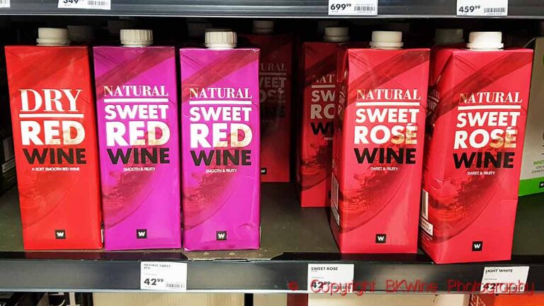 Wine on a shelf in a supermarket in South Africa, Dry Red, Sweet Red, Sweet Rose, in tetrabrick