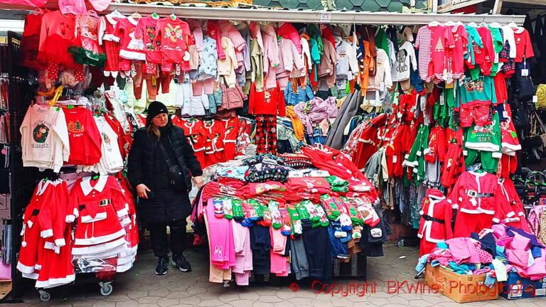 Christmas clothes on a market stand in Chisinau, Moldova
