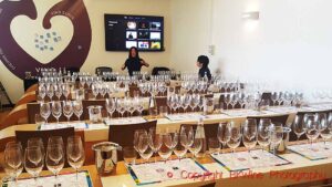A classroom set up for a wine tasting
