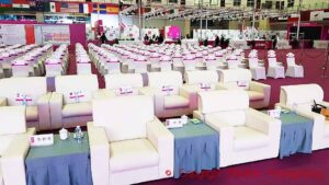 A conference setup for a presentation at the Belt and Road Wine Exhibition and Competition in Ningxia, China