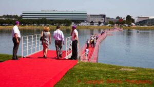 The red carpet over the lake leading to Vinexpo in Bordeaux
