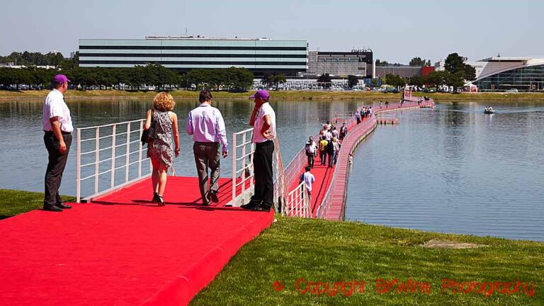 The red carpet over the lake leading to Vinexpo in Bordeaux
