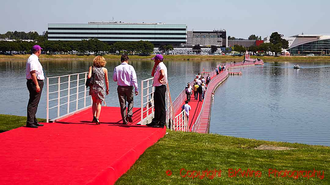 The red carpet over the lake leading to Vinexpo in Bordeaux