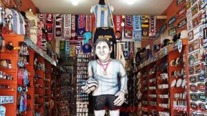 A Lionel Messi image in a football souvenir shop in La Boca, Buenos Aires, Argentina