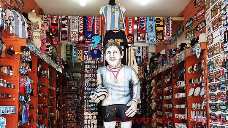 A Lionel Messi image in a football souvenir shop in La Boca, Buenos Aires, Argentina