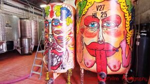 Fermentation tanks painted by an artist at the Nittardi winery in Tuscany